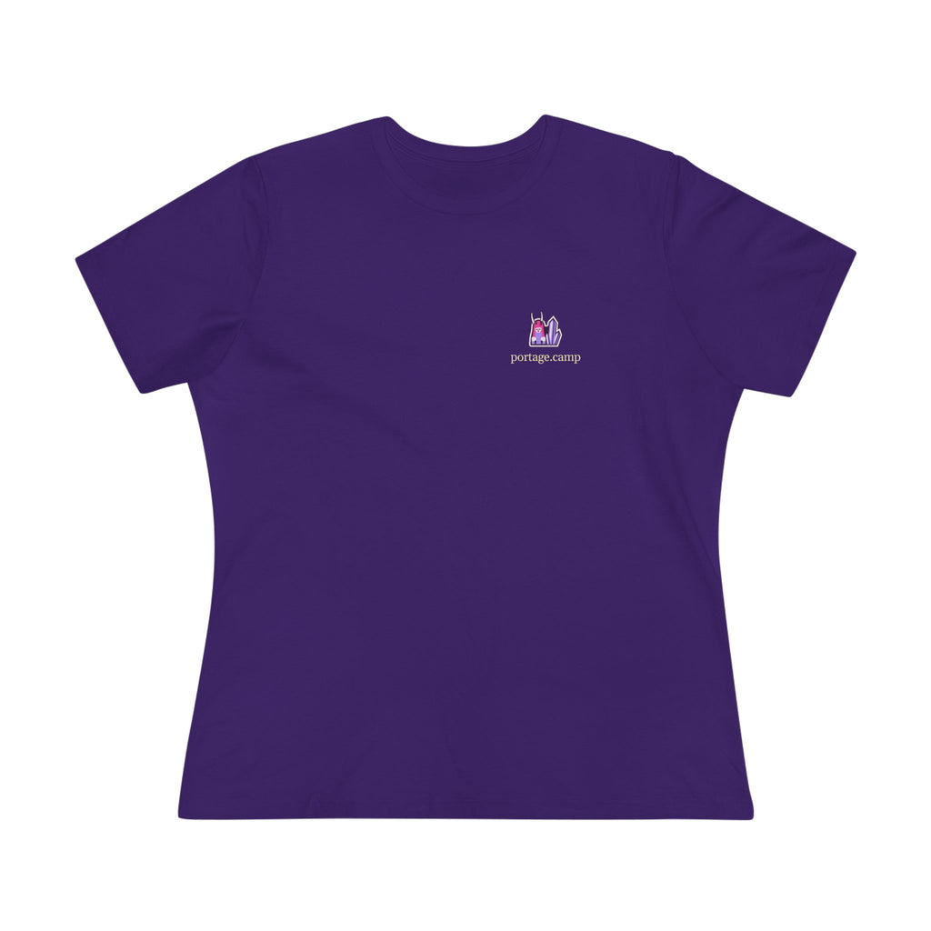 Amethyst After Hours Women’s Relaxed Tee in Team Purple, front view with the Amethyst After Hours logo and portage.camp on the chest. Digital product mockup.