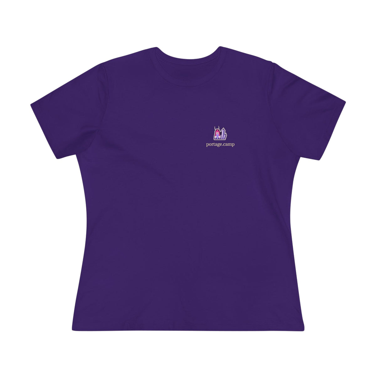 Amethyst After Hours Women’s Relaxed Tee in Team Purple, front view with the Amethyst After Hours logo and portage.camp on the chest. Digital product mockup.
