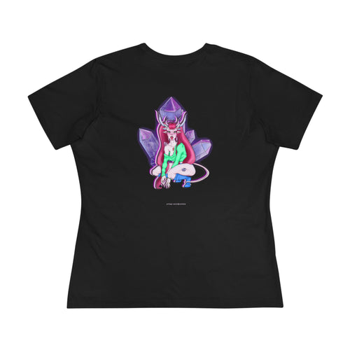 Amethyst After Hours Women’s Relaxed Tee in Black, back view with the large illustrated print. Digital product mockup.