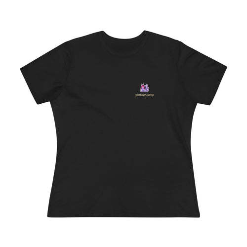 Amethyst After Hours Women’s Relaxed Tee in Black, front view with the Amethyst After Hours logo and portage.camp on the chest. Digital product mockup.