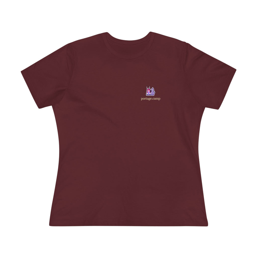 Amethyst After Hours Women’s Relaxed Tee in Maroon, front view with the Amethyst After Hours logo and portage.camp on the chest. Digital product mockup.