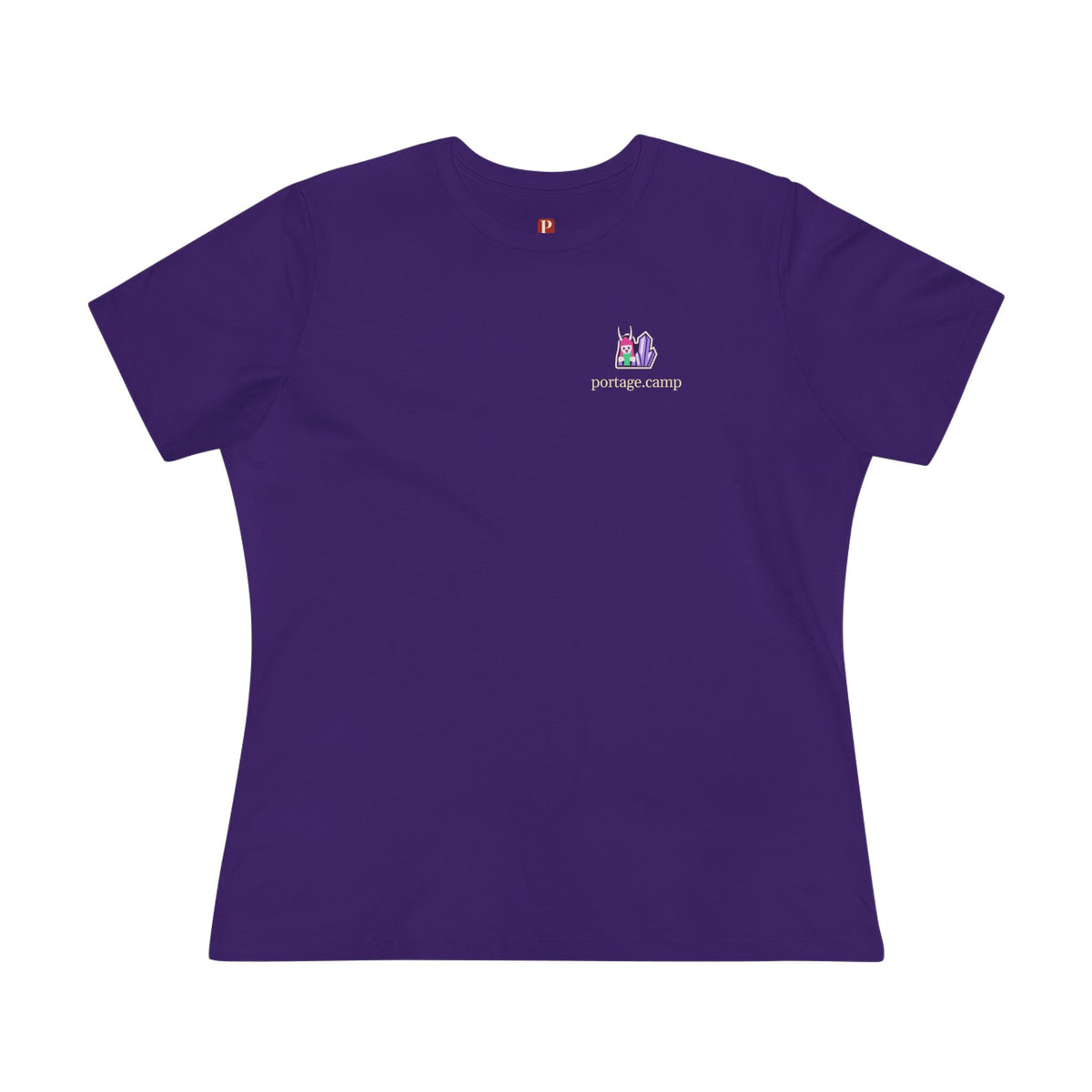 Amethyst After Hours Women’s Relaxed Tee in Team Purple, front view with the Amethyst After Hours logo and portage.camp on the chest. Digital product mockup.
