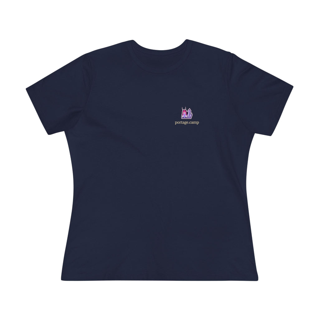 Amethyst After Hours Women’s Relaxed Tee in Navy, front view with the Amethyst After Hours logo and portage.camp on the chest. Digital product mockup.