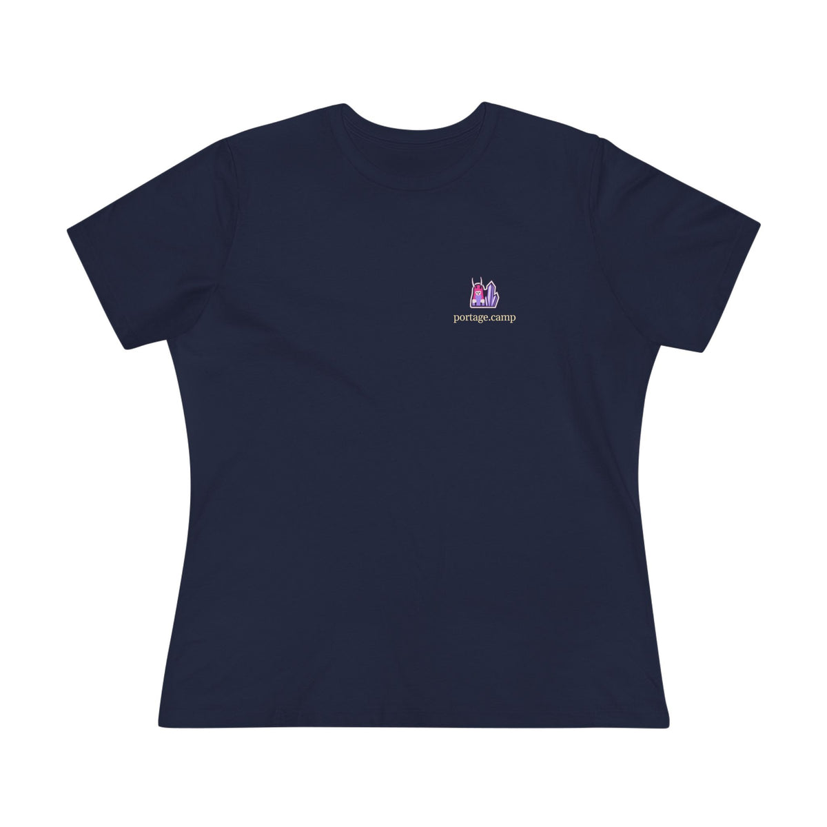 Amethyst After Hours Women’s Relaxed Tee in Navy, front view with the Amethyst After Hours logo and portage.camp on the chest. Digital product mockup.
