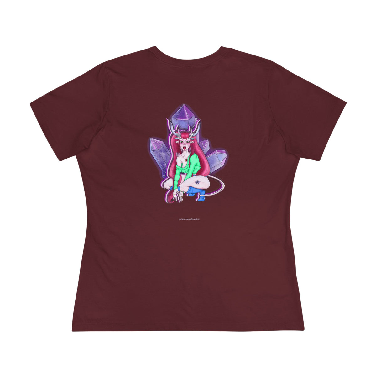 Amethyst After Hours Women’s Relaxed Tee in Maroon, back view with the large illustrated print. Digital product mockup.