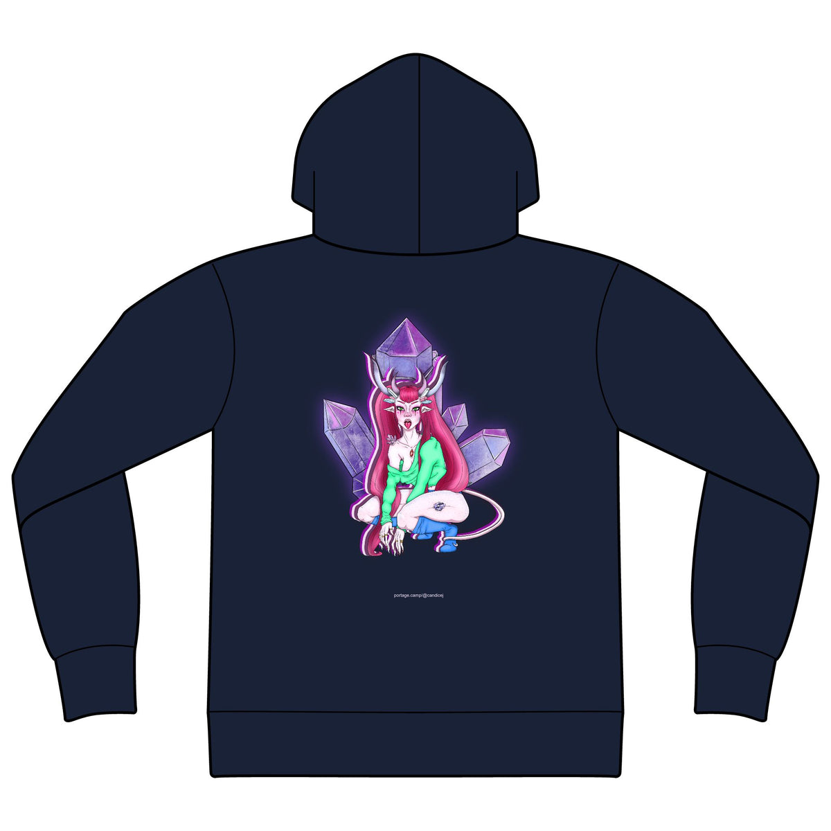 Amethyst After Hours Zip Hoodie in Navy, back view with the large illustrated print. Digital product mockup.