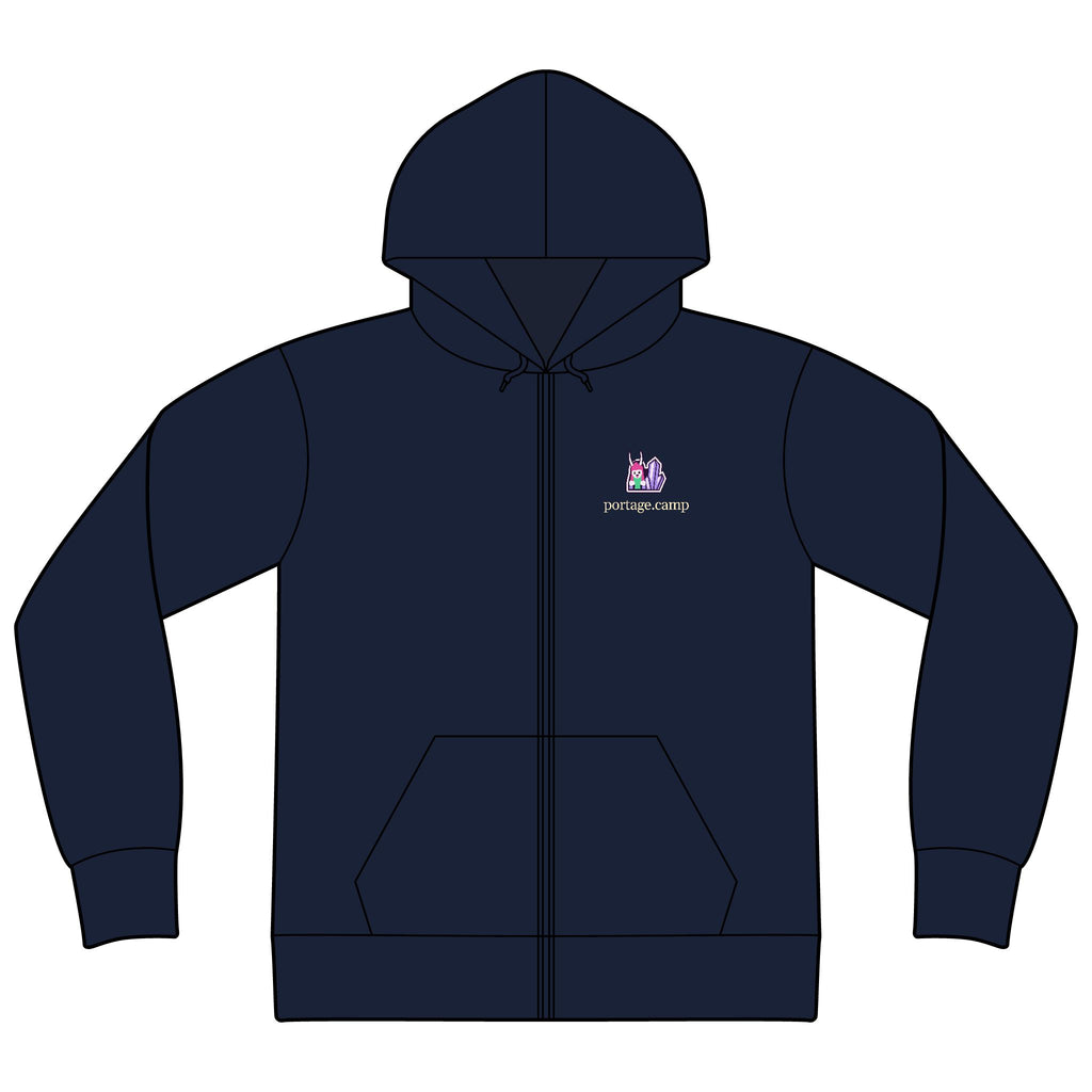 Amethyst After Hours Zip Hoodie in Navy, front view with the Amethyst After Hours logo and portage.camp on the left chest. Digital product mockup.