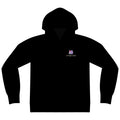 Amethyst After Hours Zip Hoodie in Black, front view with the Amethyst After Hours logo and portage.camp on the left chest. Digital product mockup.