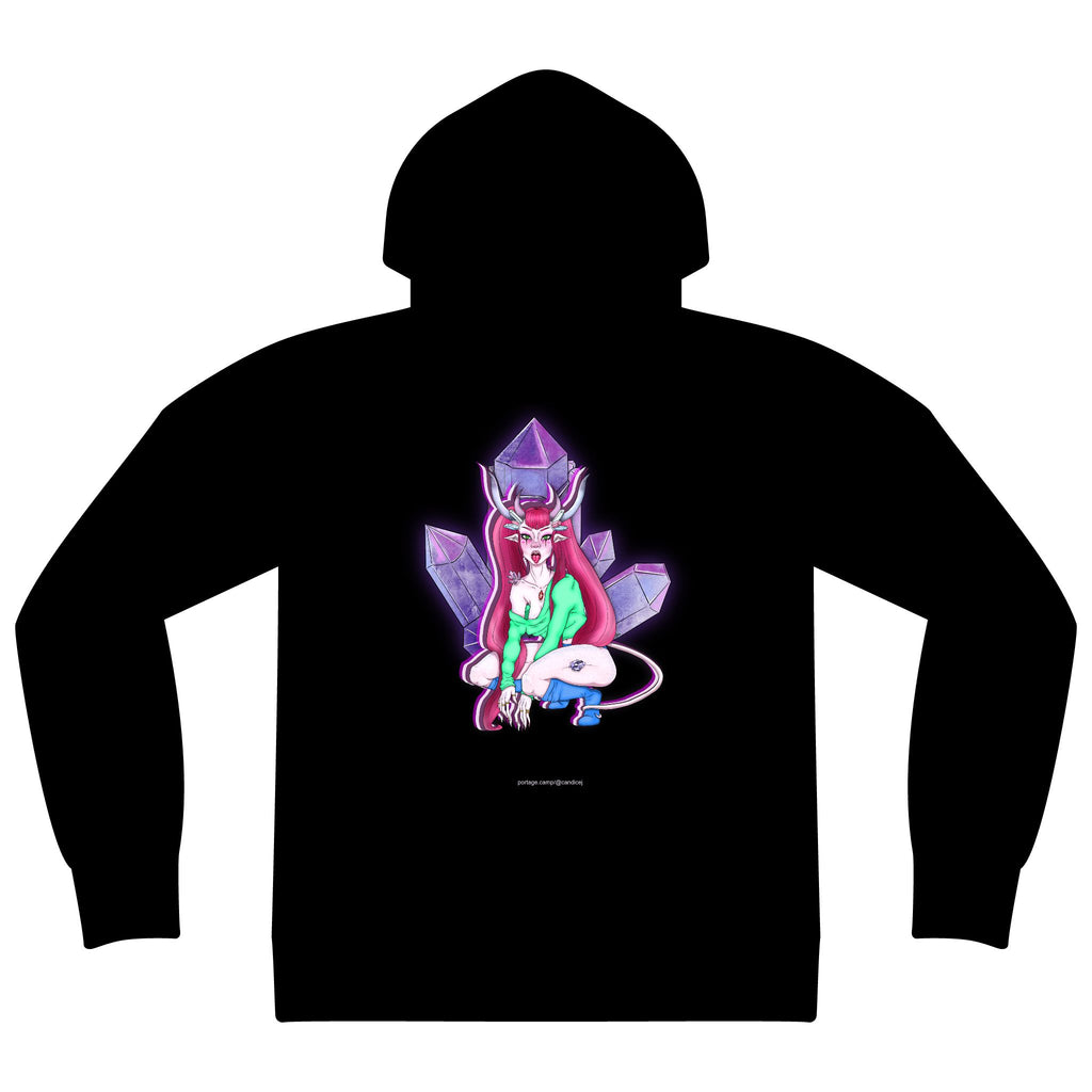 Amethyst After Hours Zip Hoodie in Black, back view with the large illustrated print. Digital product mockup.