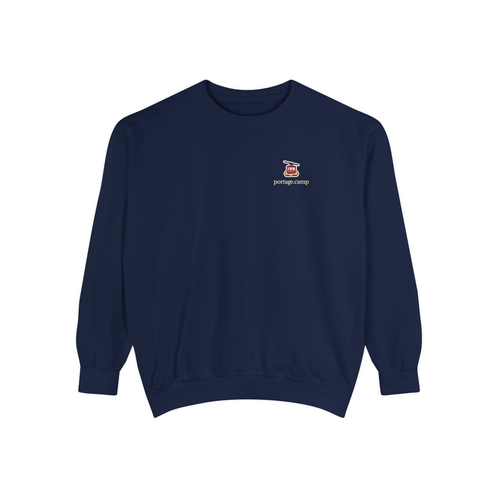 Cloud Ferry Garment-Dyed Crewneck in True Navy, front view with the Cloud Ferry logo and portage.camp on the chest. Digital product mockup.