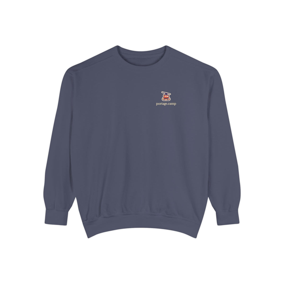 Cloud Ferry Garment-Dyed Crewneck in Denim, front view with the Cloud Ferry logo and portage.camp on the chest. Digital product mockup.