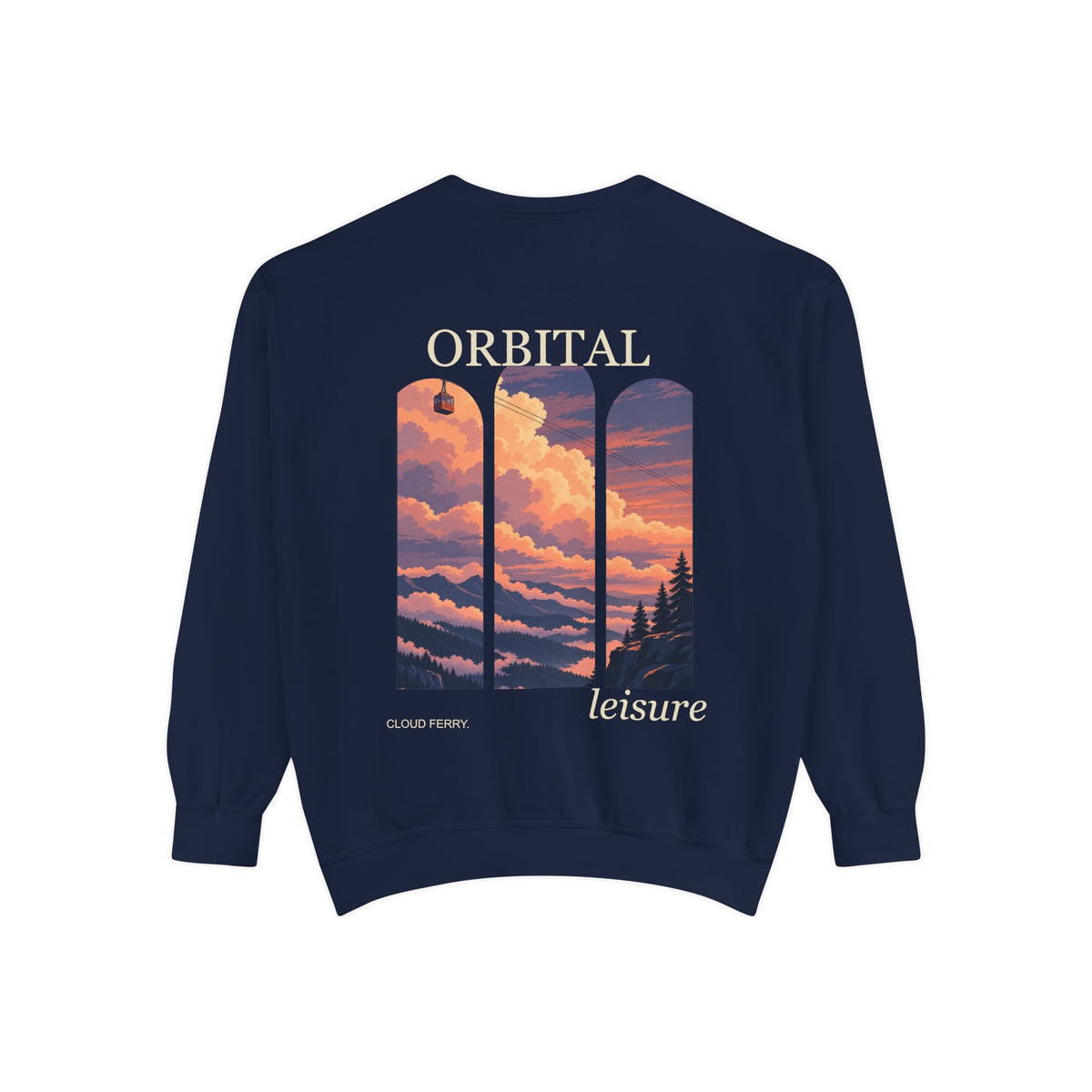 Cloud Ferry Garment-Dyed Crewneck in True Navy, back view with the large illustrated print. Digital product mockup.