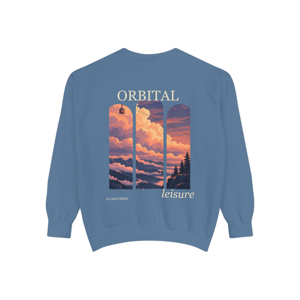 Cloud Ferry Garment-Dyed Crewneck in Blue Jean, back view with the large illustrated print. Digital product mockup.