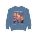 Cloud Ferry Garment-Dyed Crewneck in Blue Jean, back view with the large illustrated print. Digital product mockup.