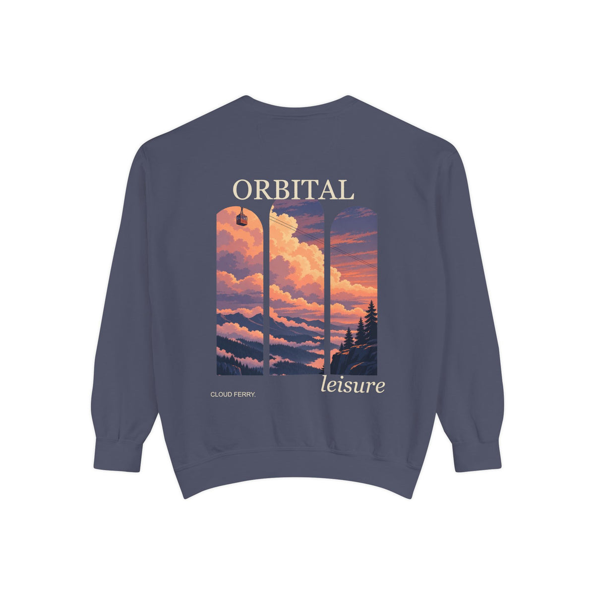 Cloud Ferry Garment-Dyed Crewneck in Denim, back view with the large illustrated print. Digital product mockup.
