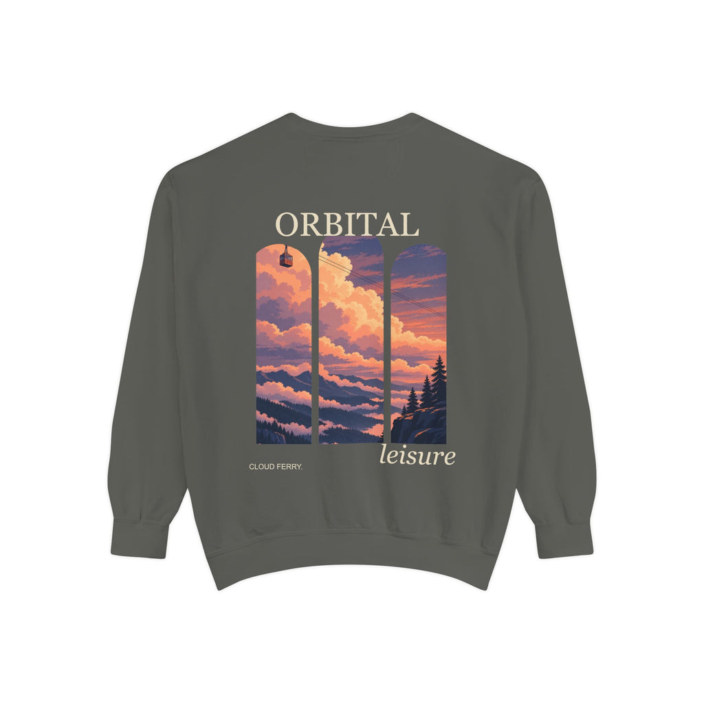 Cloud Ferry Garment-Dyed Crewneck in Pepper, back view with the large illustrated print. Digital product mockup.