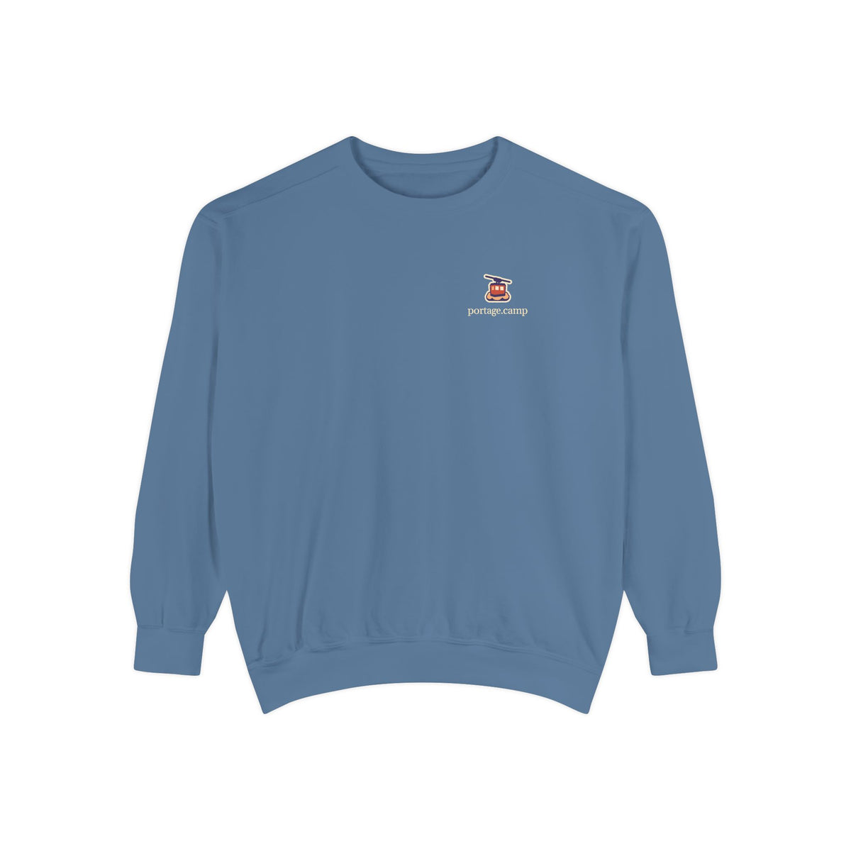 Cloud Ferry Garment-Dyed Crewneck in Blue Jean, front view with the Cloud Ferry logo and portage.camp on the chest. Digital product mockup.