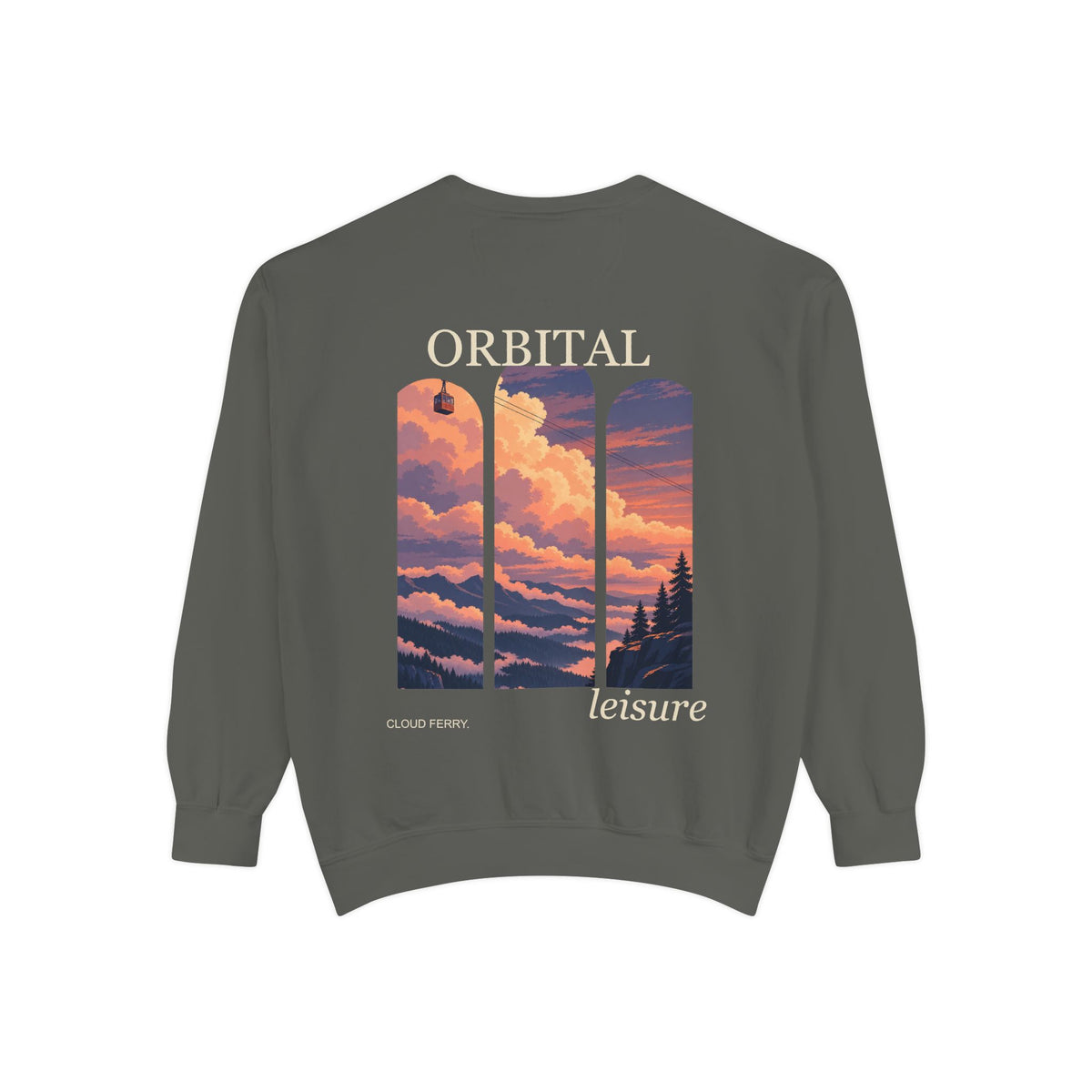 Cloud Ferry Garment-Dyed Crewneck in Pepper, back view with the large illustrated print. Digital product mockup.