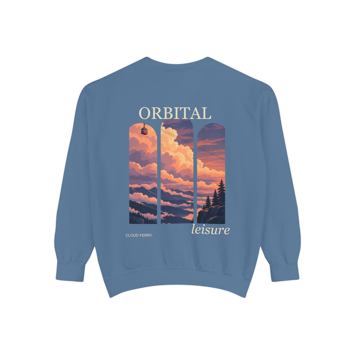 Cloud Ferry Garment-Dyed Crewneck in Blue Jean, back view with the large illustrated print. Digital product mockup.
