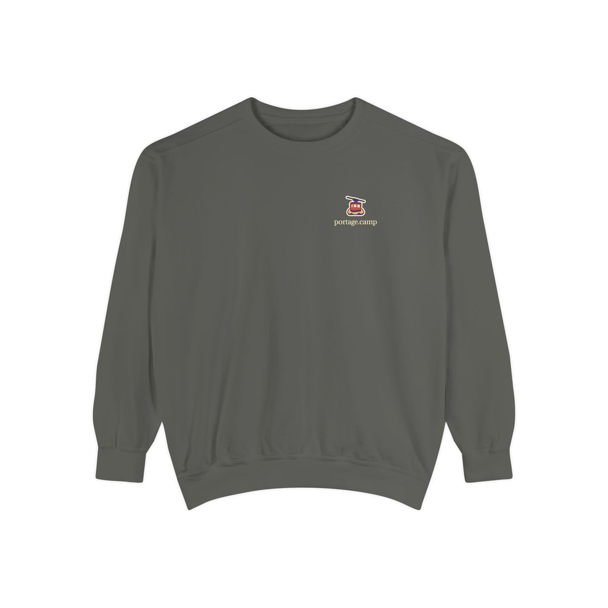 Cloud Ferry Garment-Dyed Crewneck in Pepper, front view with the Cloud Ferry logo and portage.camp on the chest. Digital product mockup.