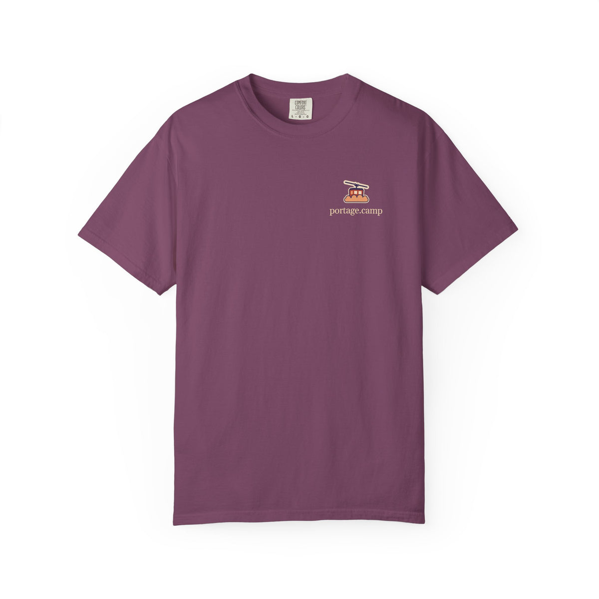 Cloud Ferry Garment-Dyed Tee in Berry, front view with the Cloud Ferry logo and portage.camp on the chest. Digital product mockup.