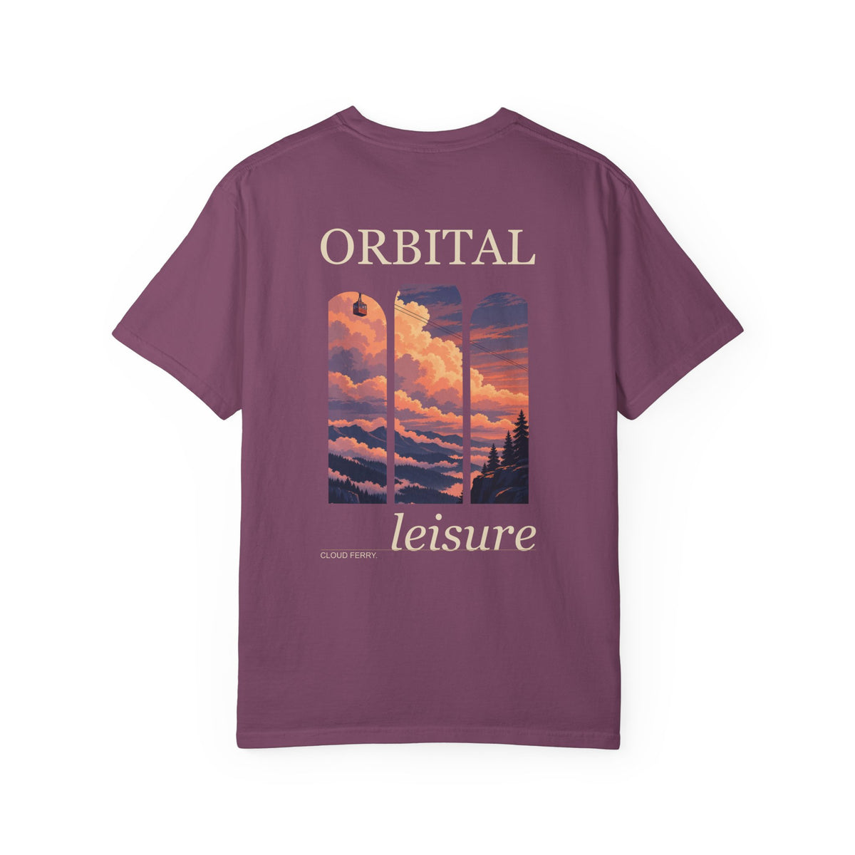 Cloud Ferry Garment-Dyed Tee in Berry, back view with the large illustrated print. Digital product mockup.