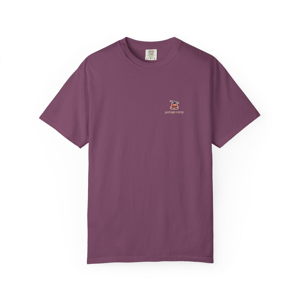 Cloud Ferry Garment-Dyed Tee in Berry, front view with the Cloud Ferry logo and portage.camp on the chest. Digital product mockup.