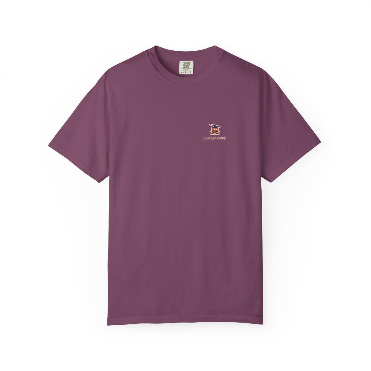 Cloud Ferry Garment-Dyed Tee in Berry, front view with the Cloud Ferry logo and portage.camp on the chest. Digital product mockup.