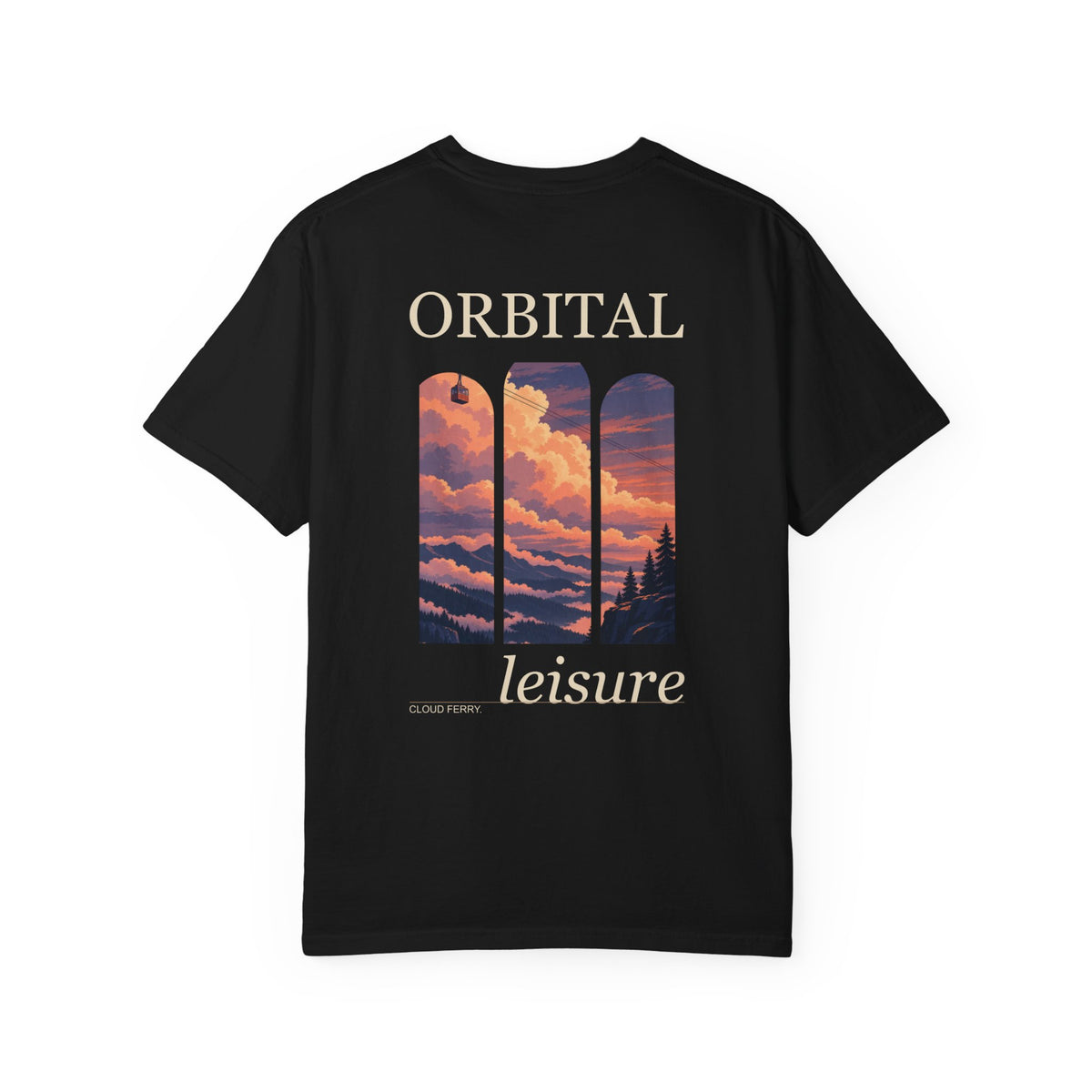 Cloud Ferry Garment-Dyed Tee in Black, back view with the large illustrated print. Digital product mockup.