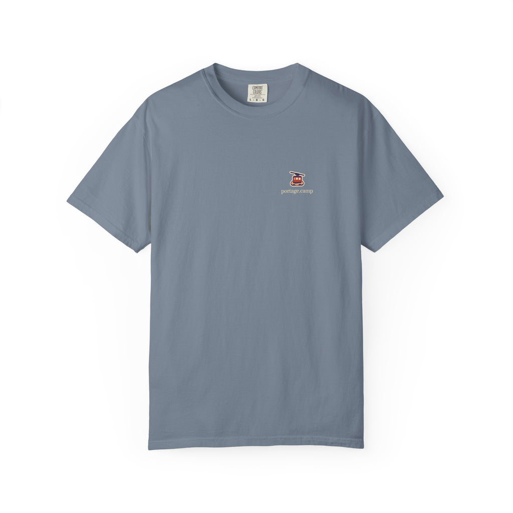 Cloud Ferry Garment-Dyed Tee in Blue Jean, front view with the Cloud Ferry logo and portage.camp on the chest. Digital product mockup.