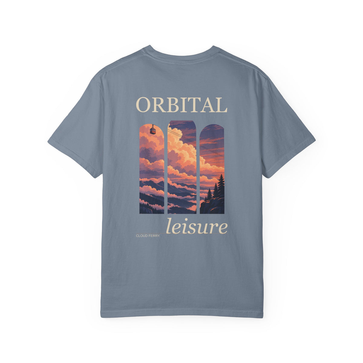 Cloud Ferry Garment-Dyed Tee in Blue Jean, back view with the large illustrated print. Digital product mockup.