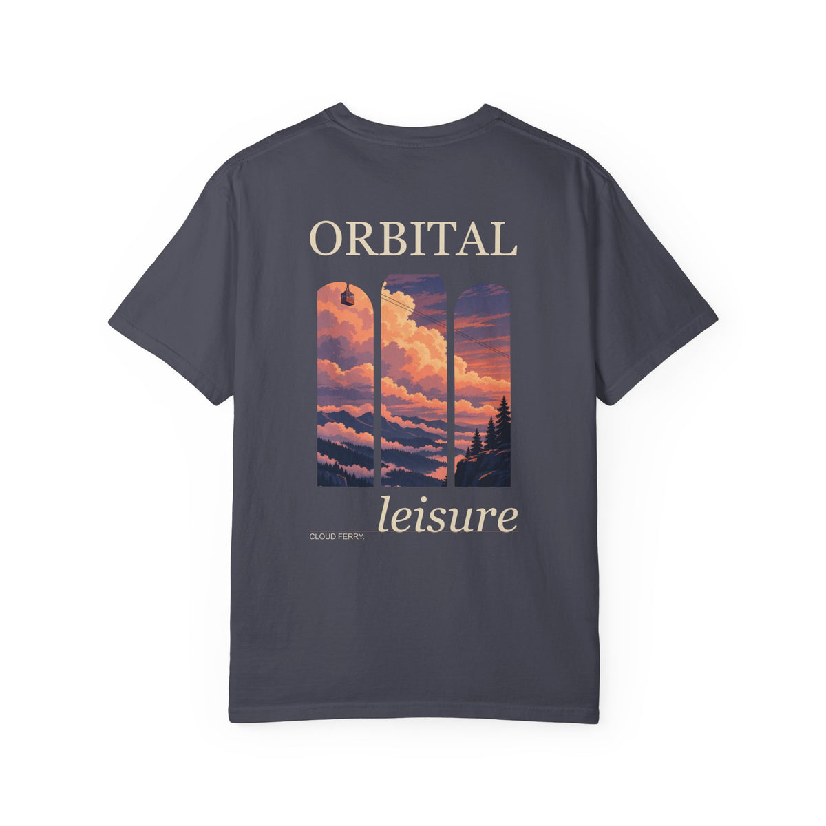 Cloud Ferry Garment-Dyed Tee in Navy, back view with the large illustrated print. Digital product mockup.