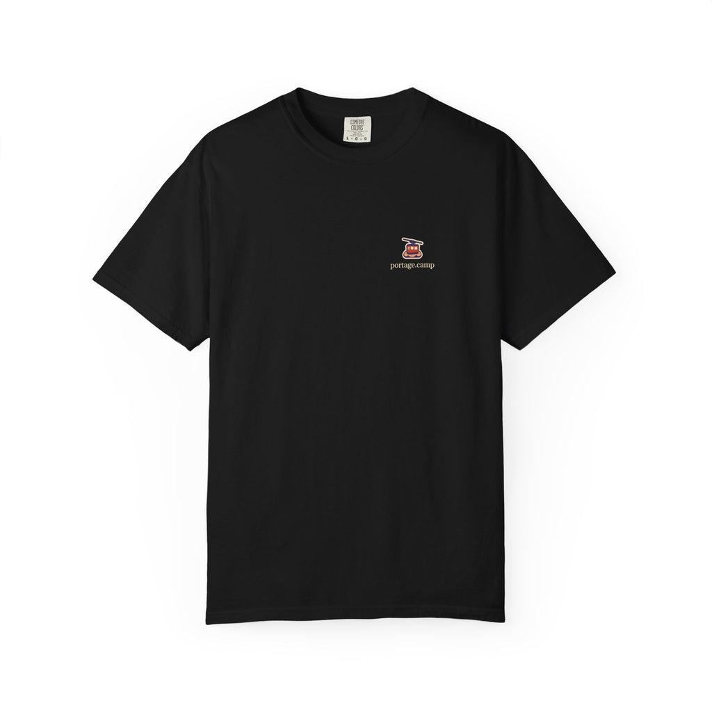 Cloud Ferry Garment-Dyed Tee in Black, front view with the Cloud Ferry logo and portage.camp on the chest. Digital product mockup.