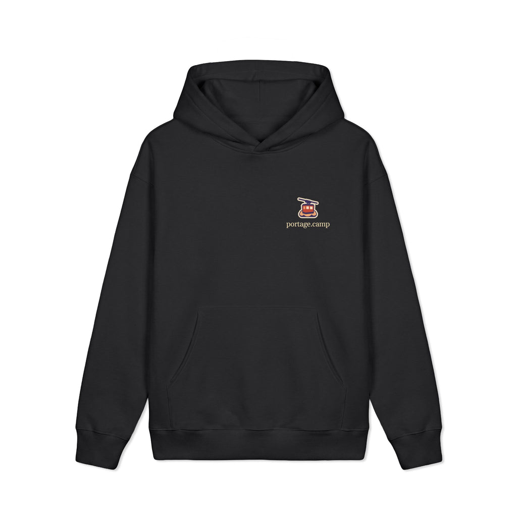 Cloud Ferry Heavyweight Hoodie in Black, front view with the Cloud Ferry logo and portage.camp on the left chest. Digital product mockup.