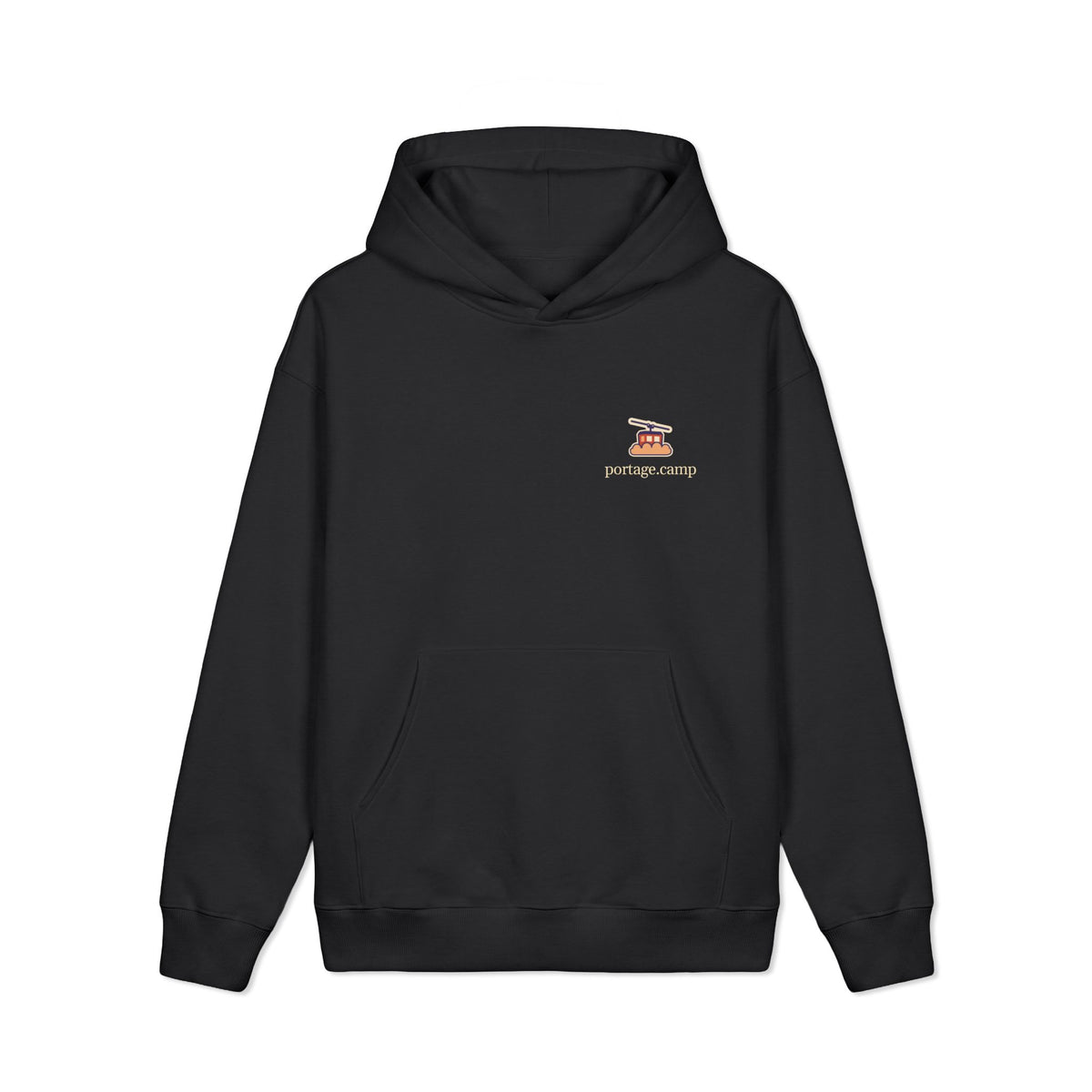 Cloud Ferry Heavyweight Hoodie in Black, front view with the Cloud Ferry logo and portage.camp on the left chest. Digital product mockup.