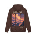 Cloud Ferry Heavyweight Hoodie in Brown, back view with the large illustrated print. Digital product mockup.