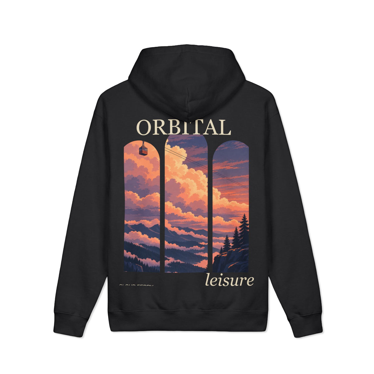 Cloud Ferry Heavyweight Hoodie in Black, back view with the large illustrated print. Digital product mockup.