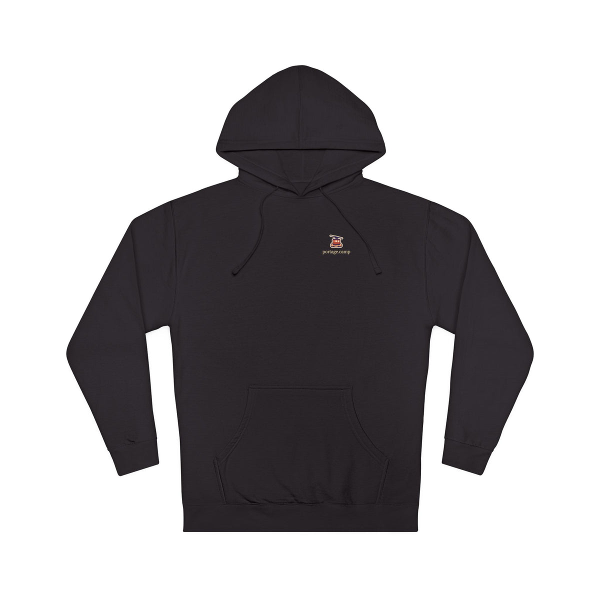 Cloud Ferry Midweight Hoodie in Black, front view with the Cloud Ferry logo and portage.camp on the chest. Digital product mockup.