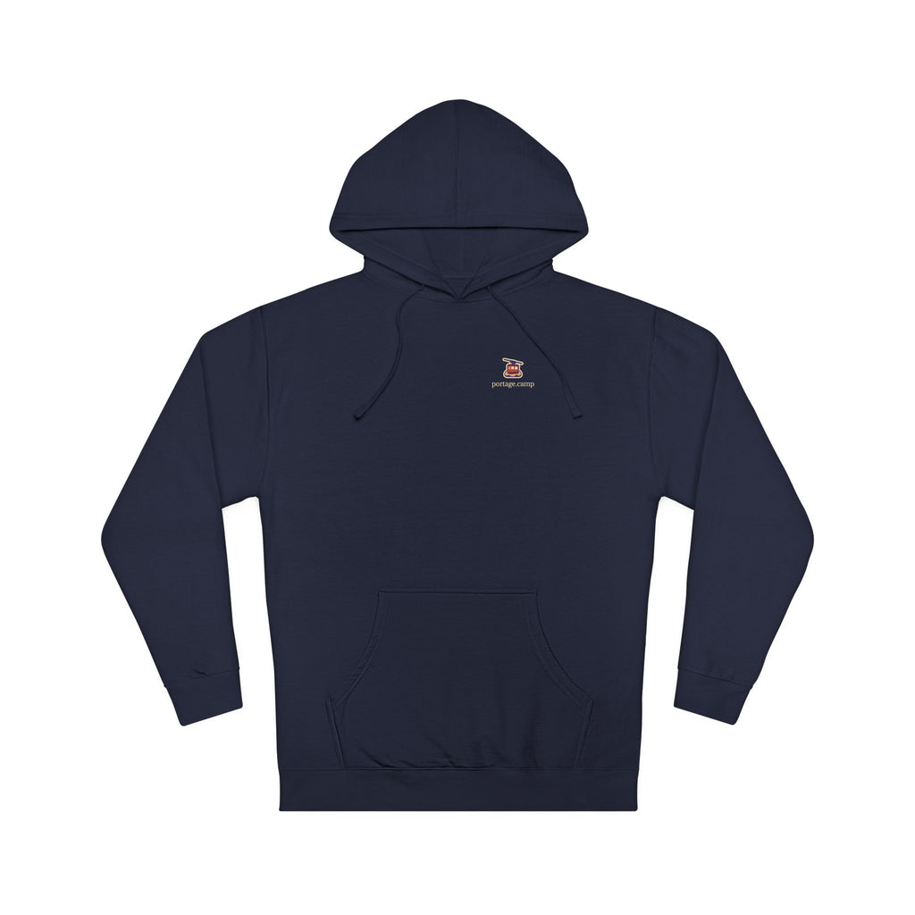Cloud Ferry Midweight Hoodie in Classic Navy, front view with the Cloud Ferry logo and portage.camp on the chest. Digital product mockup.