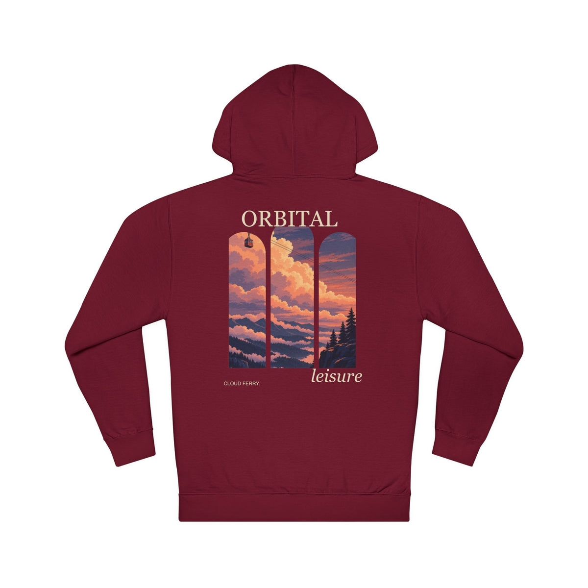 Cloud Ferry Midweight Hoodie in Maroon, back view with the large illustrated print. Digital product mockup.