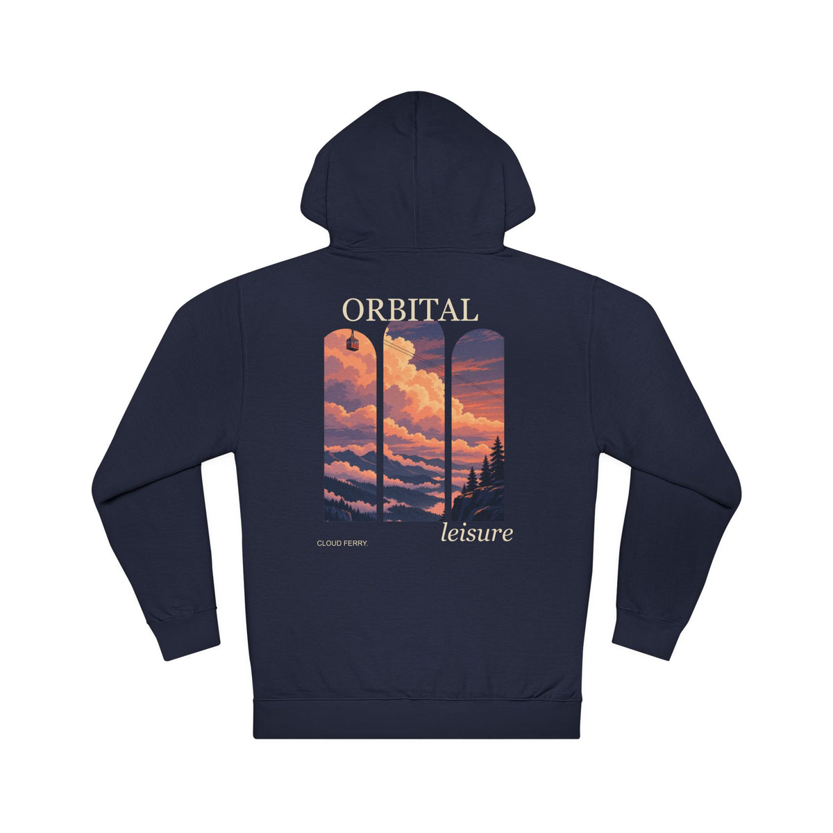 Cloud Ferry Midweight Hoodie in Classic Navy, back view with the large illustrated print. Digital product mockup.