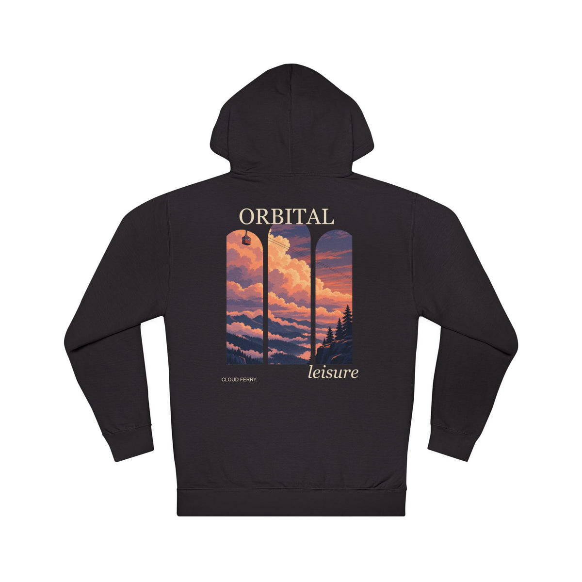 Cloud Ferry Midweight Hoodie in Black, back view with the large illustrated print. Digital product mockup.