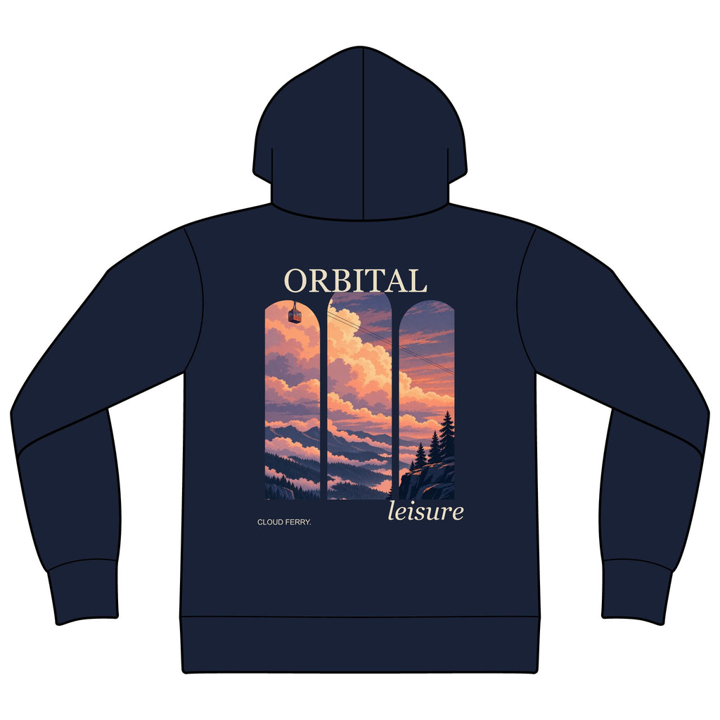 Cloud Ferry Zip Hoodie in Navy, back view with the large illustrated print. Digital product mockup.