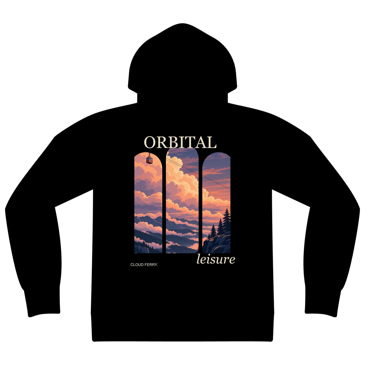 Cloud Ferry Zip Hoodie in Black, back view with the large illustrated print. Digital product mockup.