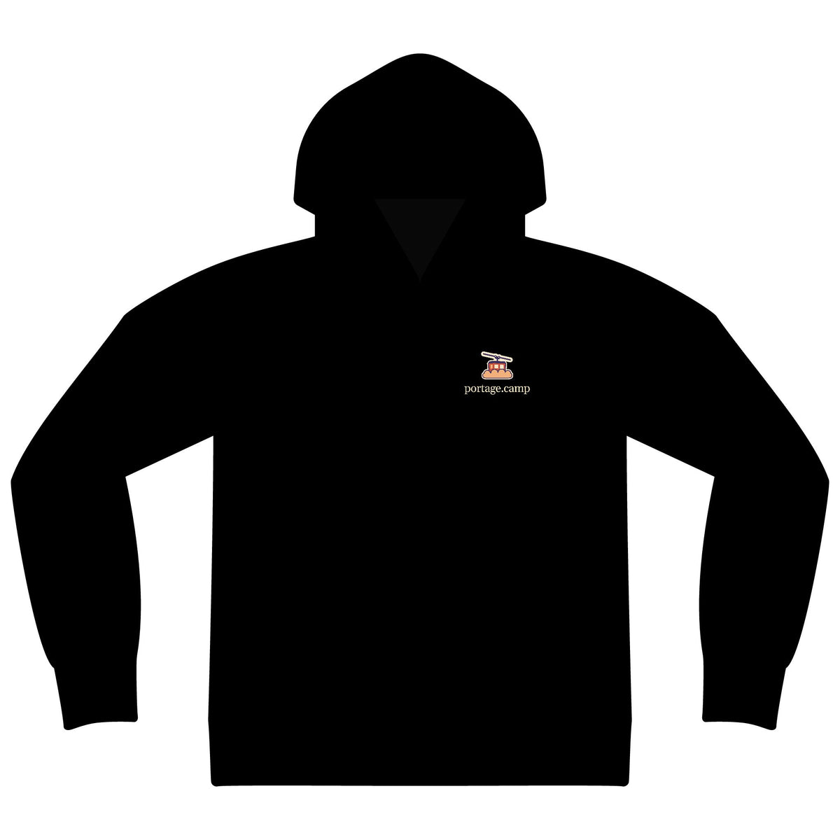 Cloud Ferry Zip Hoodie in Black, front view with the Cloud Ferry logo and portage.camp on the left chest. Digital product mockup.