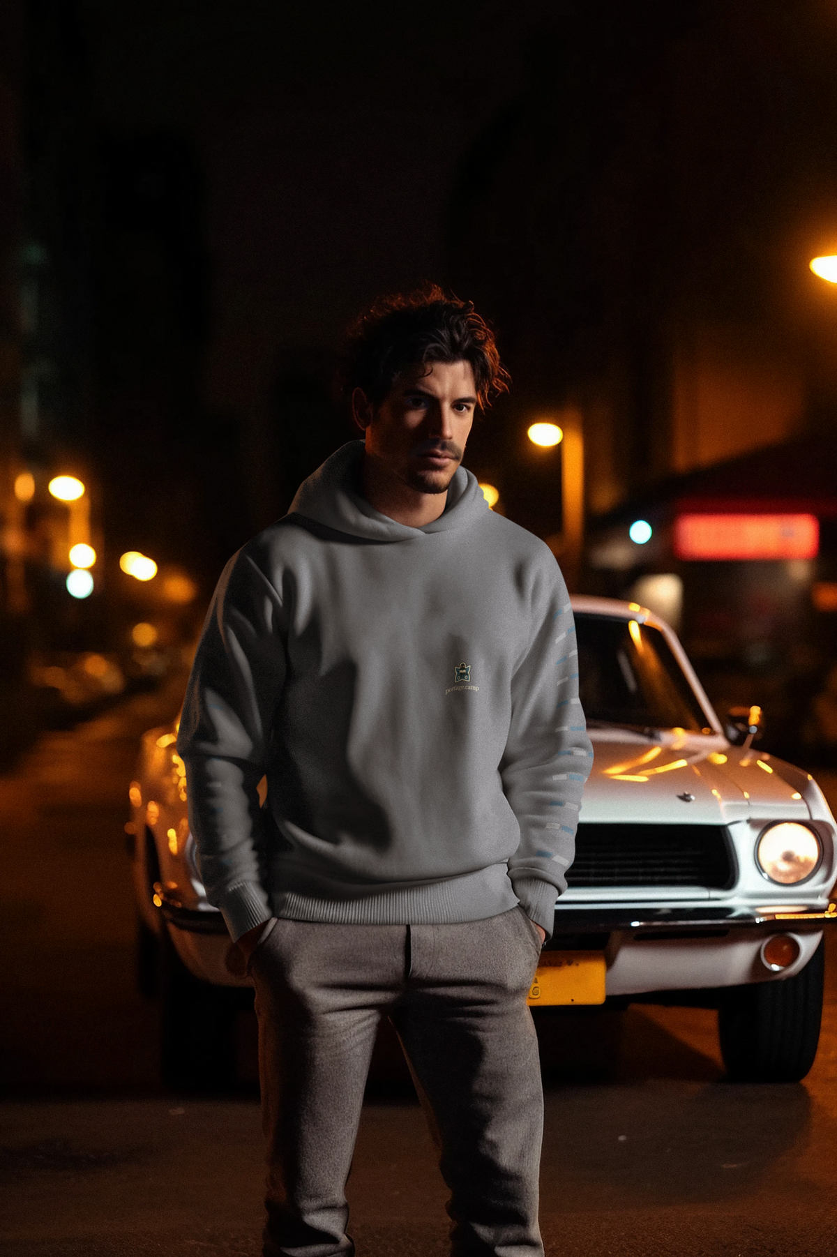 Night Library Midweight Hoodie in Charcoal, worn by a man standing by a classic car at night, with the Night Library logo and portage.camp on the chest. Digital product mockup.
