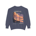 Edge of Evening Garment-Dyed Crewneck in Denim, back view with the large illustrated print. Digital product mockup.
