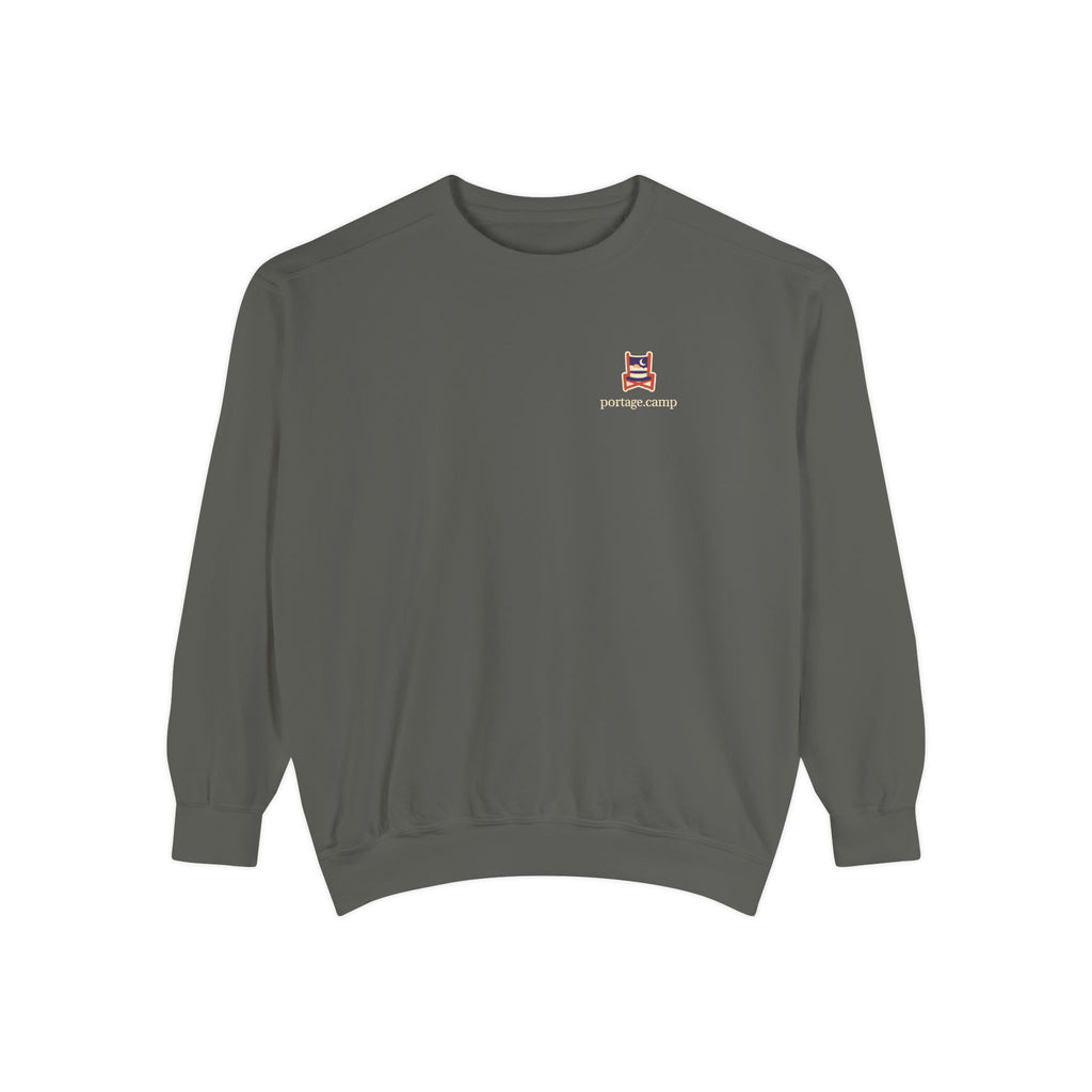 Edge of Evening Garment-Dyed Crewneck in Pepper, front view with the Edge of Evening logo and portage.camp on the chest. Digital product mockup.