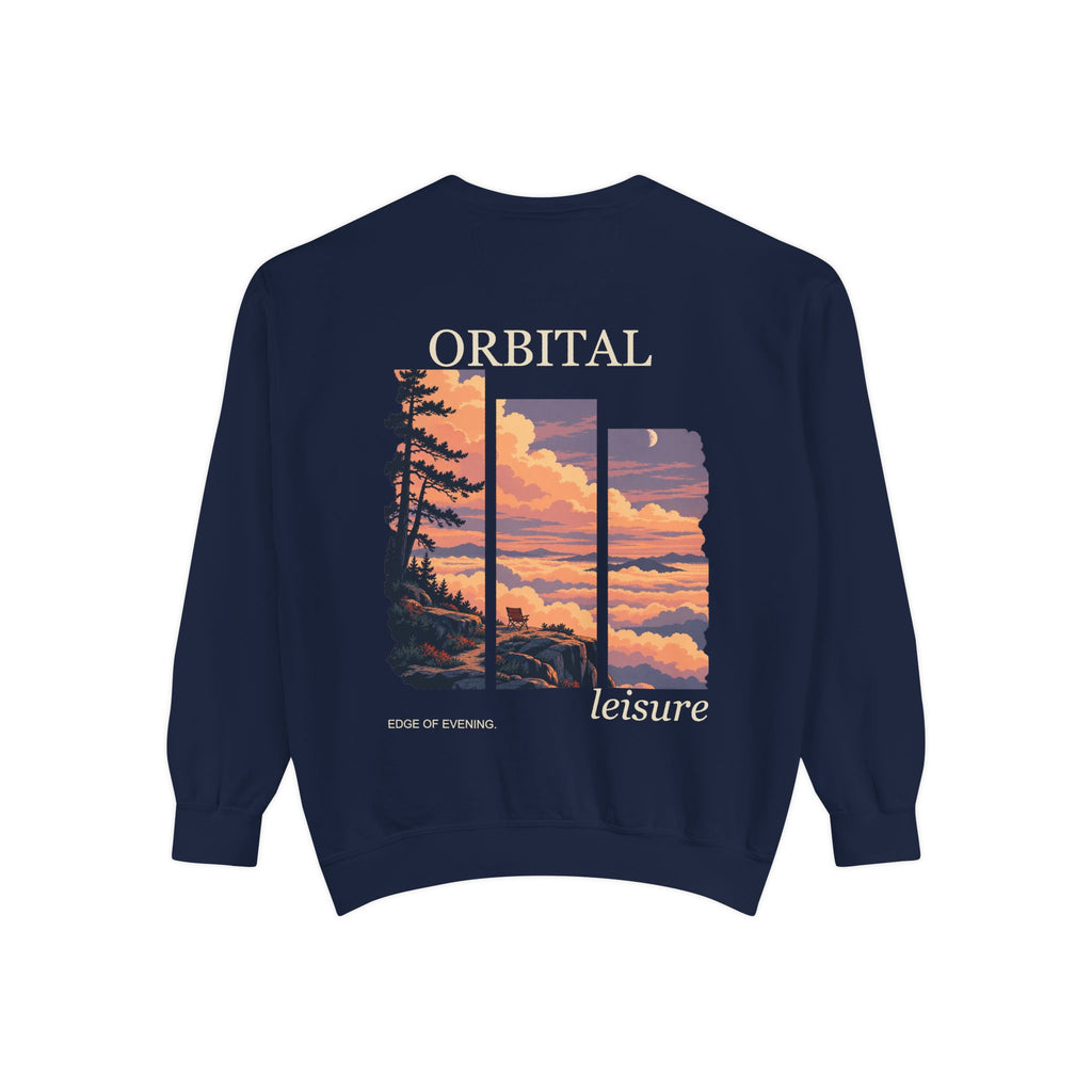 Edge of Evening Garment-Dyed Crewneck in True Navy, back view with the large illustrated print. Digital product mockup.