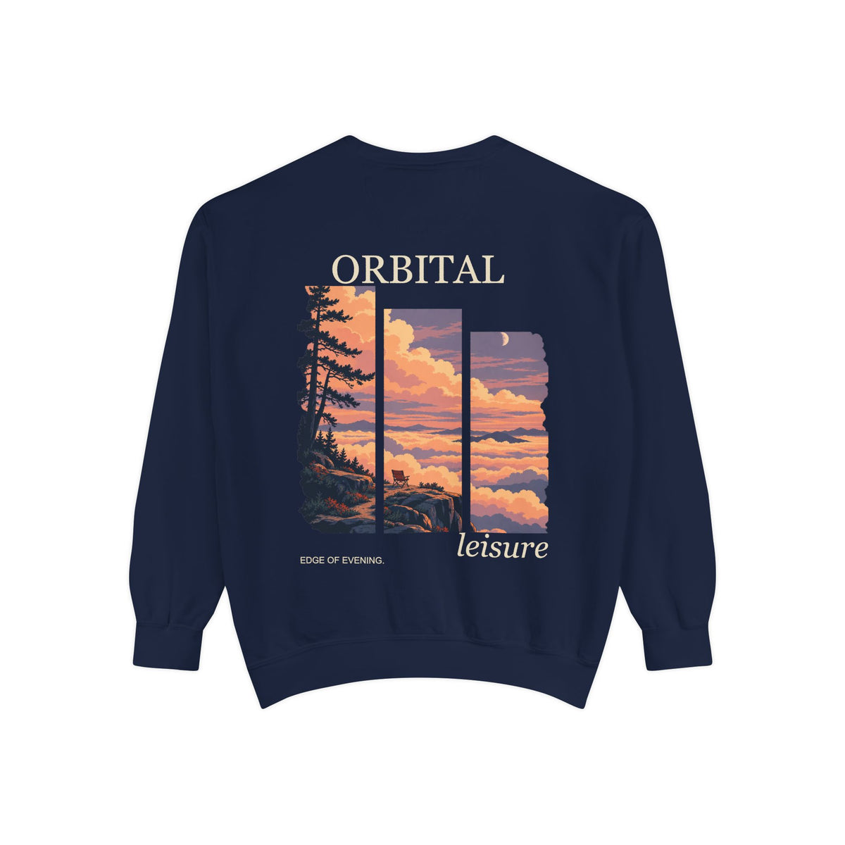 Edge of Evening Garment-Dyed Crewneck in True Navy, back view with the large illustrated print. Digital product mockup.